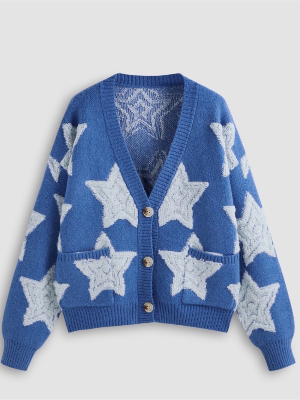 Bucketlist Star Spangled Oversized Knit Cardigan Sweater Blue L